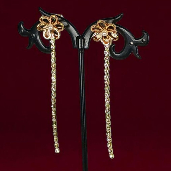 Gold Flower Rhinestone Linear Drop Earrings Pearl Luxe Bling Modern Retro Glam - Picture 2 of 15